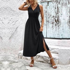 Women's black halter neck maxi dress with a deep V-neck and high side slit detail