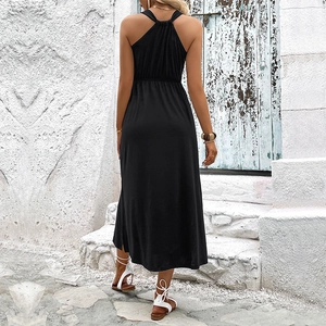 Elegant black halter maxi dress with side slit and backless design for summer vacation