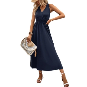 Navy blue deep V-neck halter maxi dress with elastic waist and stylish side slit