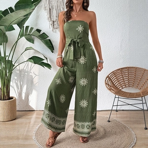 Olive green strapless bohemian jumpsuit with mandala print and wide leg silhouette