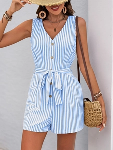 Close-up of a blue and white striped V-neck romper with wooden buttons and a waist tie