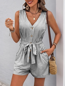 Close-up of V-neck striped summer romper with button details and waist tie strap