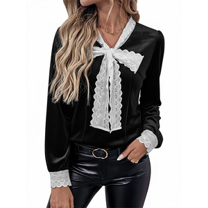 Vintage black velvet long sleeve shirt with white lace V-neck and bow detail for women