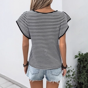 Back view of a striped knit T-shirt with ruffle sleeves and black edge detailing