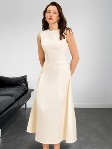 Detail of elegant beige sleeveless A-line dress with chic decorative side flap pockets