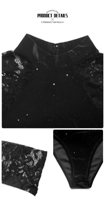 Detail view of sparkly velvet bodysuit featuring elegant floral lace and a mock neck