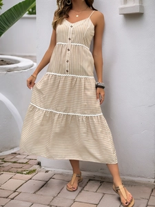 Striped V-neck maxi dress with tiered lace patchwork and decorative buttons for summer
