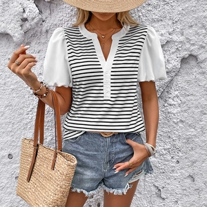 Women Casual Striped Patchwork Puff Sleeve Top V Neck Button Short Sleeve T-Shirt Summer Loose Breathable Fashion Blouse