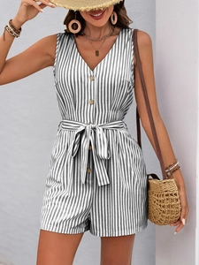 Detail of grey striped sleeveless romper with V-neckline and wooden buttons close-up