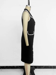 Detail view of contrast white piping on a black sleeveless midi dress with gold buttons