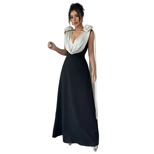 Elegant V-neck evening gown with white floral details and black A-line skirt