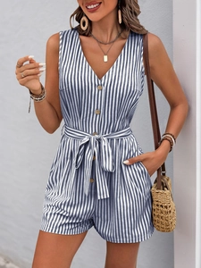 Detail view of V-neck romper with vertical blue stripes and waist tie belt for summer