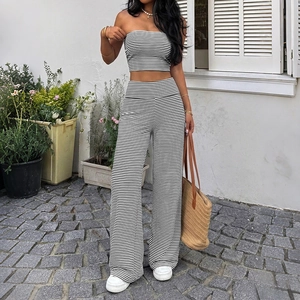 Ensemble Top Bustier Rayé Décontracté d'Été pour Femmes Et Pantalon à Jambes Larges Top And Bottom en Viscose Polyester Tricoté