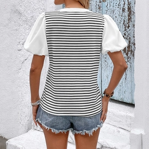 Women's casual striped T-shirt with white puff sleeves and stand collar back view