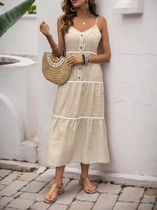 Striped vacation maxi dress with lace trim and tiered skirt for a summer holiday look