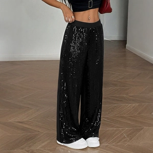 Sparkly black sequin high-waisted wide leg pants with elastic waistband for women