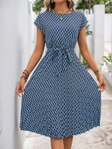 Women's navy geometric print A-line dress with round neck and adjustable waist tie