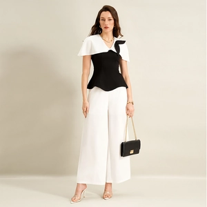 Tenue Élégante pour Femmes Haut Et Bas Bloc de Couleur Noir Et Blanc Chemise Peplum Et Pantalon Large Vêtements Professionnels