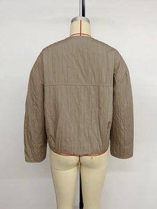 Detailed back view of light brown quilted jacket showing vertical stitching and drop shoulder