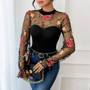 Women's Sexy Black Mesh Bodysuit Floral Embroidery Patchwork Mock Neck Long Sleeve Slim Fit Fashion Party Clubwear Romper