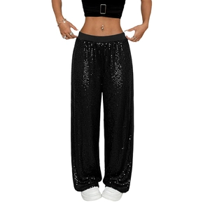 Sparkling black high-waisted sequin wide-leg trousers for party and fashion wear