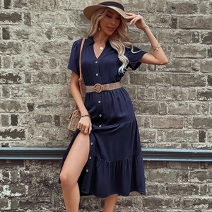 Women Short Sleeve Tiered Shirt Dress Casual Lapel Single Breasted Midi Dress Elegant Solid Color Summer Vacation Sundress