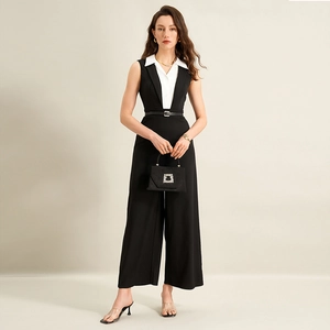 Combinaison Femme Élégante Sans Manches Couleur Contrastée Revers Bureau Jambe Large Patchwork Romper Longue Vêtements Travail Mode