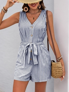 Detail of blue and white striped romper showing V-neck design and button-up front bodice