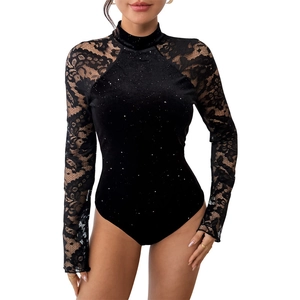 Elegant black velvet bodysuit with sparkly sequins and sheer floral lace long sleeves