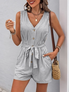 Detail of V-neck striped romper with wood-style buttons and adjustable drawstring waist