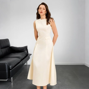 Elegant off-white sleeveless A-line maxi dress with waist detail and decorative pockets