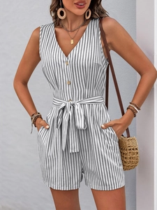 Detail of grey striped sleeveless romper with V-neckline and wood buttons for women