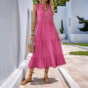 Magenta tiered sleeveless summer dress with V-neck and buttons for vacation wear