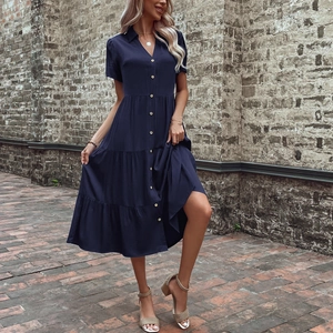 Navy blue tiered midi dress with shirt collar and front buttons for casual summer wear