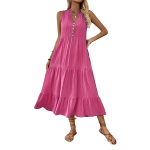 Women's V-neck tiered maxi dress in vibrant pink with textured fabric and buttons