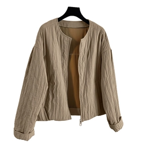 Minimalist khaki quilted zip-up cardigan jacket for women in textured fabric
