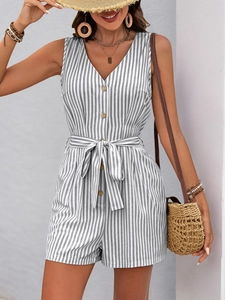Detail of grey striped v-neck sleeveless romper with button front and waist tie