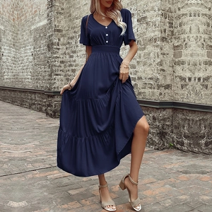 Donna Elegante Scollo a V Vestito Maxi a Balze Manica con Volant Vita Elasticizzata Viscosa Decorazione Bottoni Vacanza Estiva Boho Vestito Lungo