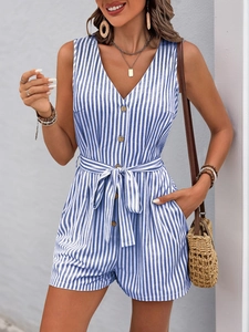 Detail of blue and white striped romper with V-neck, buttons, and waist tie design