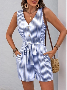 Detailed view of striped sleeveless romper with V-neckline and wooden buttons