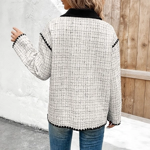 Women's black and white plaid tweed cardigan with contrast lapel and crochet trim back view
