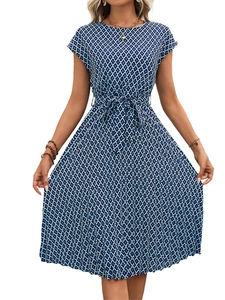 Blue and white geometric print pleated midi dress with crew neck and waist tie belt