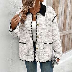 Elegant white tweed plaid jacket with black lapels and golden buttons for women