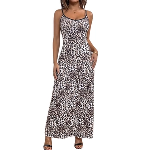 Sexy leopard print camisole maxi dress with V-neck and slim fit for women's summer style