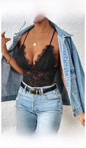 Detailed close-up of a black eyelash lace bodysuit with a deep V-neckline and straps