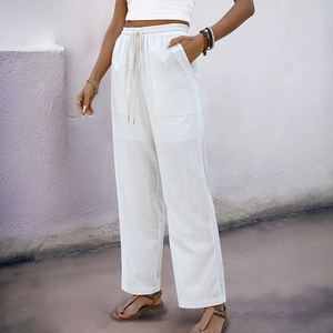 Women's high waist white linen trousers with drawstring elastic waist and cargo pockets