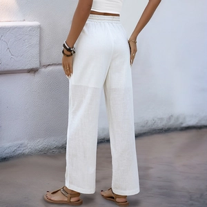 Women's high waist white linen wide leg pants with elastic drawstring waist and straight fit