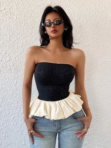 Women's Elegant Sequin Strapless Tube Top Black Cream Contrast Peplum Ruffle Hem Socialite Style Party Top