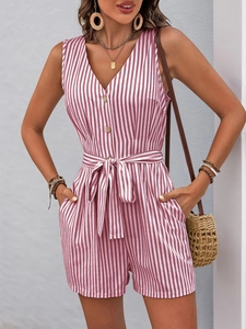 Detail of V-neck vertical striped romper with wooden buttons and waist tie closure