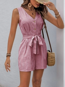 Close-up of a striped V-neck romper with wooden buttons and adjustable drawstring waist